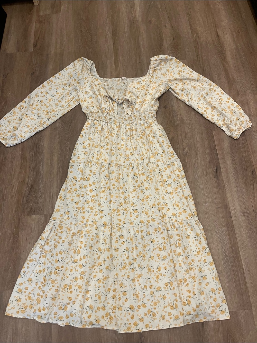 Women's Cream Tiered Midi Dress with Yellow Floral Print